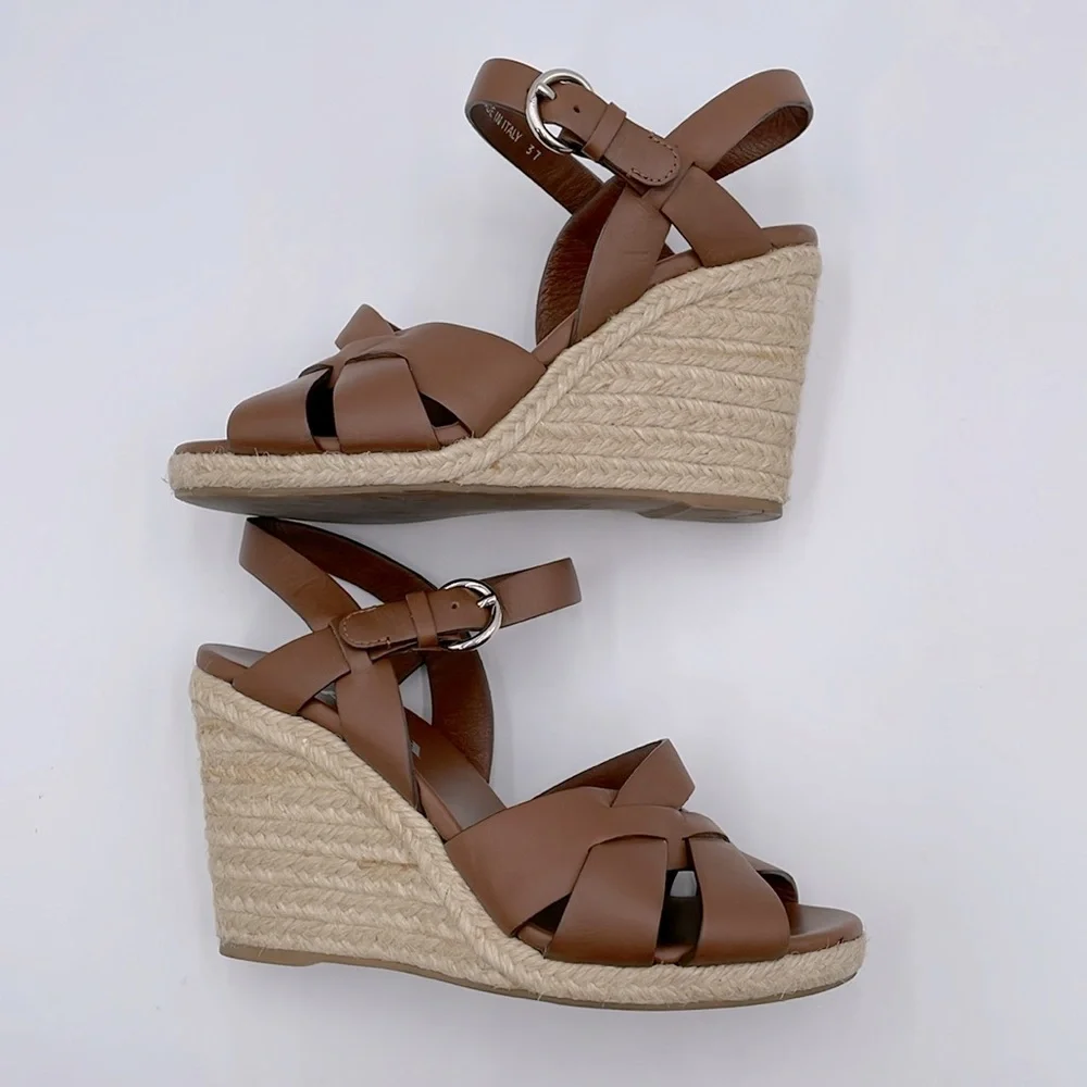 Prada Rony Brown Leather Espadrilles Platform Jute & Rubber‎ Wedge Heel - 37